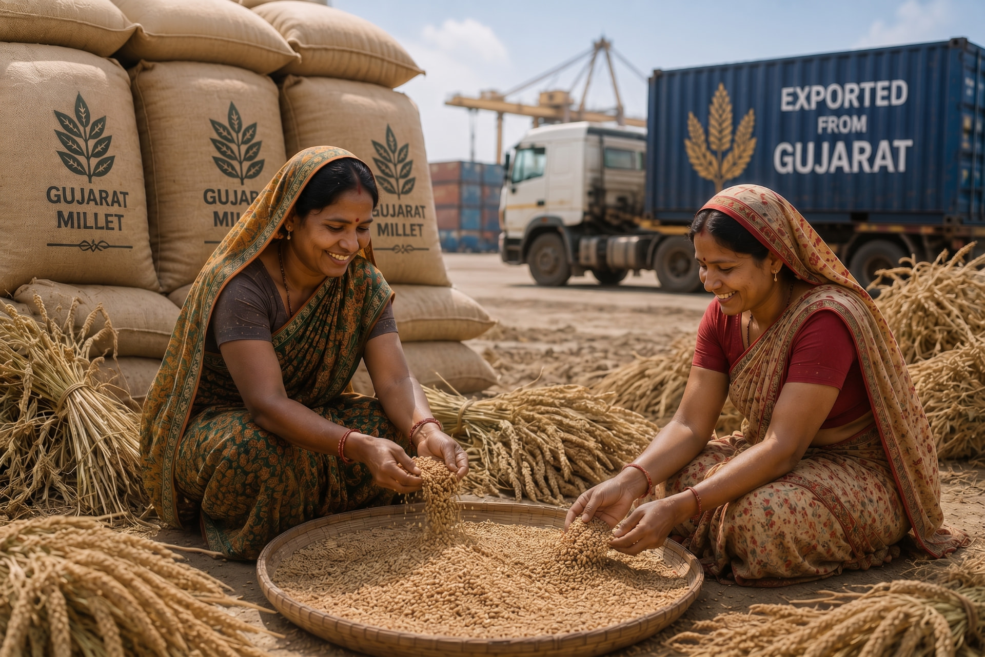 Women sorting Gujarat millet at a rural export hub with grain sacks and an exported-from-Gujarat shipping container in the background
