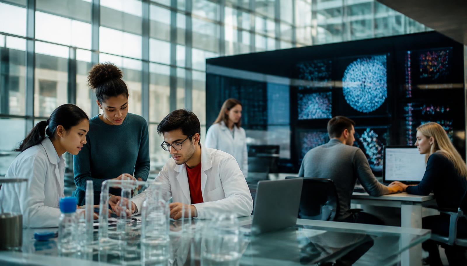 International students collaborating in a modern glass university research laboratory