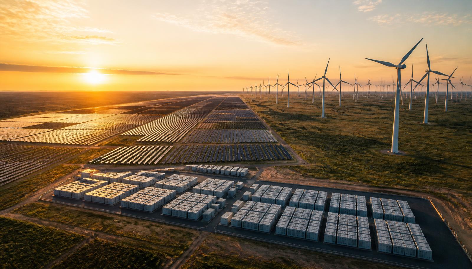 Aerial view of a large solar farm beside a wind turbine array and grid battery storage at sunset