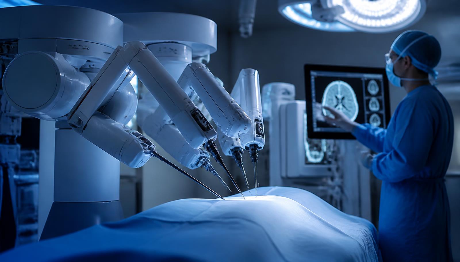 Surgical robotics system in a modern operating theatre with a clinician reviewing diagnostic imaging