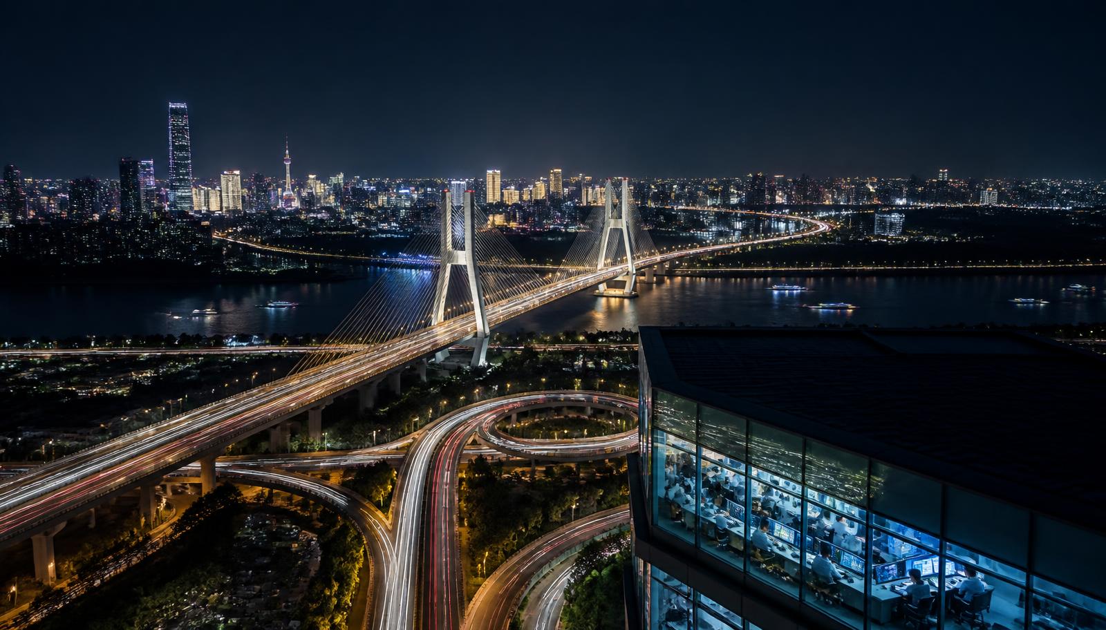 Night view of a smart city skyline with an illuminated bridge, transport light trails and an operations centre