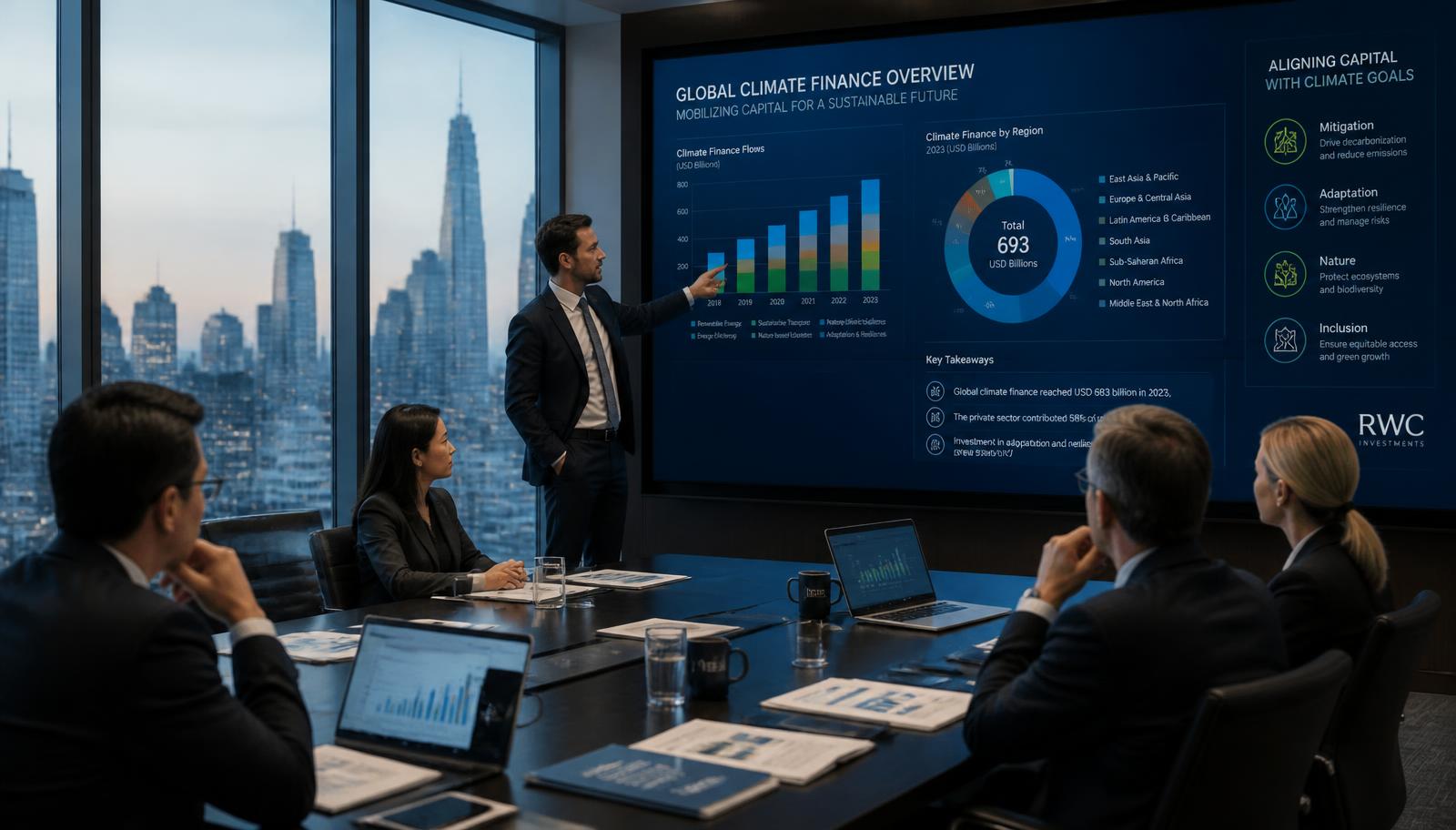 Institutional investors reviewing climate finance analysis on large screens