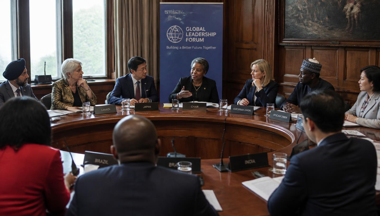 Diverse international leadership roundtable in an institutional conference room