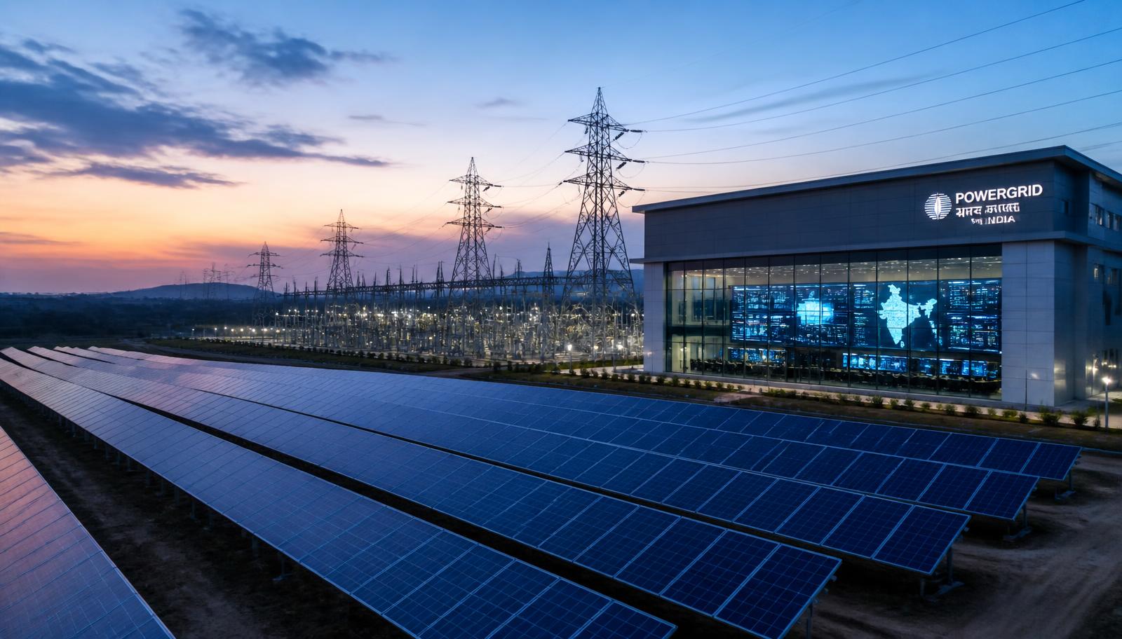 Solar array beside transmission infrastructure and a modern grid control facility at dusk